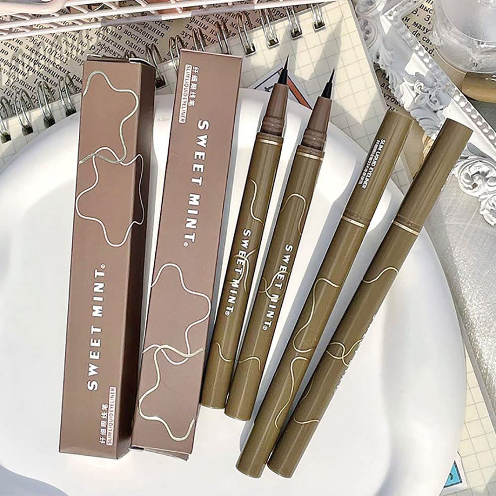 Quick-Drying Waterproof Superfine Eyeliner Pen, 4pcs Hyper Easy Liquid Pen No-Skip Waterproof Very Fine Eyeliner Makeup Long Lasting High Pigmented Smudge Proof Formula (Dark Brown 4PCS)