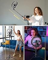 Vista 7 de Kit de vlogging para iPhone/Android, anillo de luz de 10 pulgadas con soporte, trípode de 74 pulgadas para iPhone con luz, micrófono, kit de inicio