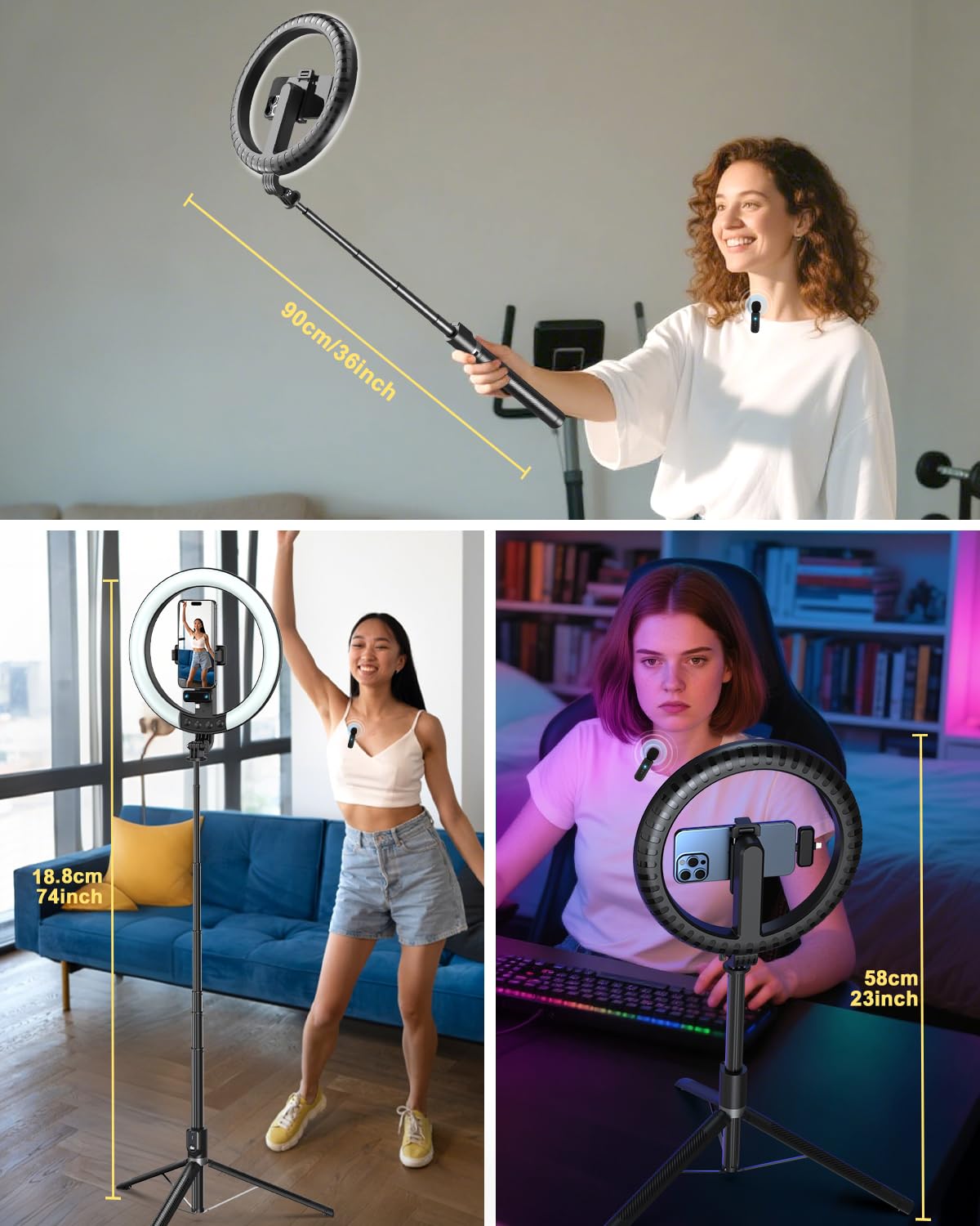 Vlogging Kit for iPhone/Android, 10” Ring Light with Stand, 74” Tripod for iPhone with Light, Microphone, YouTube Starter Kit for TikTok Content Creator: 74"