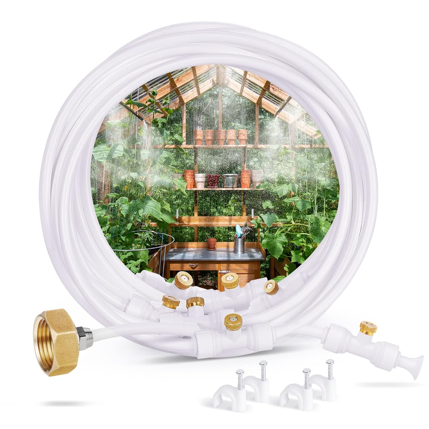 HOMENOTE Misting Cooling System 26.3FT (8M) Misting Line + 8 Brass Mist Nozzles + a Metal