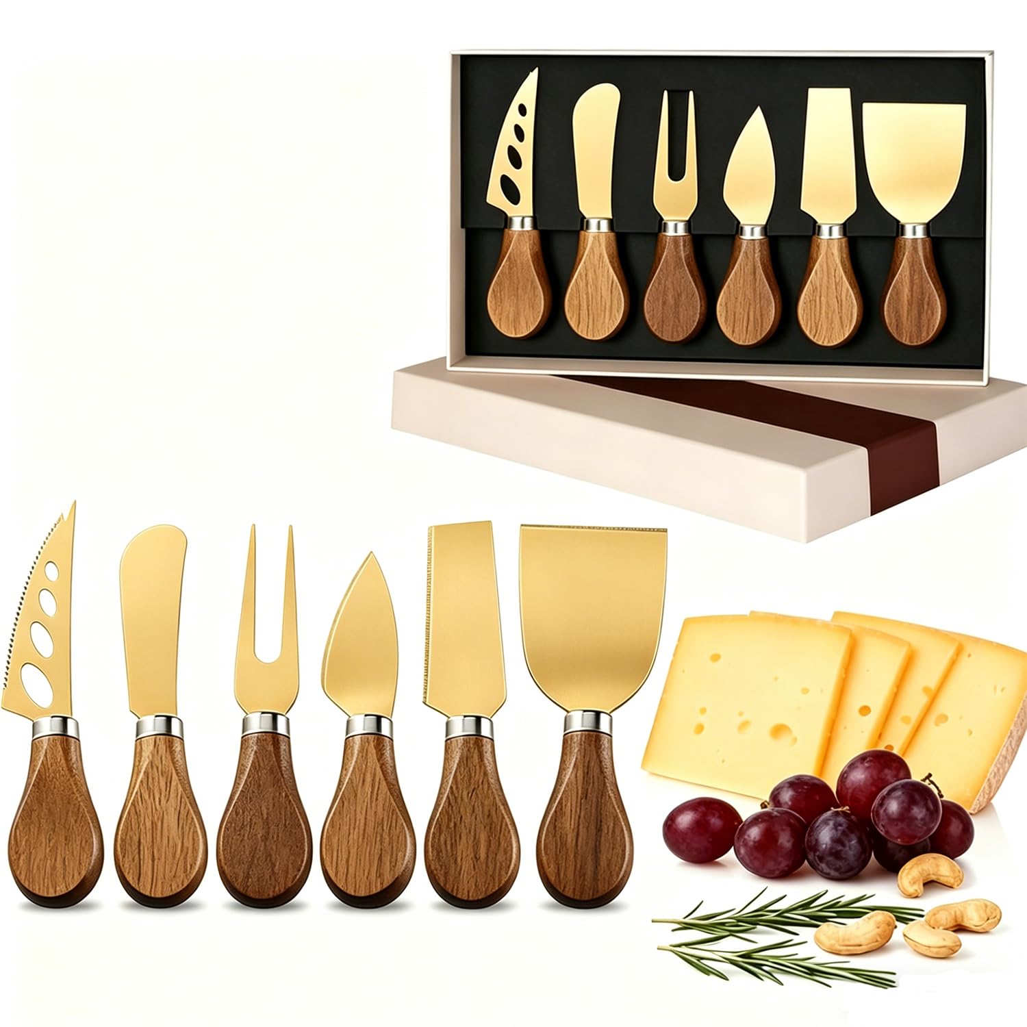 Guojanfon 6 Piece Cheese Knives Set with Wooden Handle, Mini Steel Stainless Cheese Knife Set for Charcuterie anCheese Spread, Perfect for Cheese Slicer and Butter Cutter — image 1