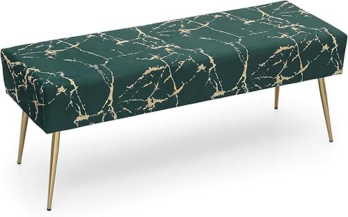 MoNiBloom Banco otomano tapizado de terciopelo verde para dormitorio, extremo de cama, moderno patrón de mármol, otomano elegante y versátil, disponible en Yaxa Peru