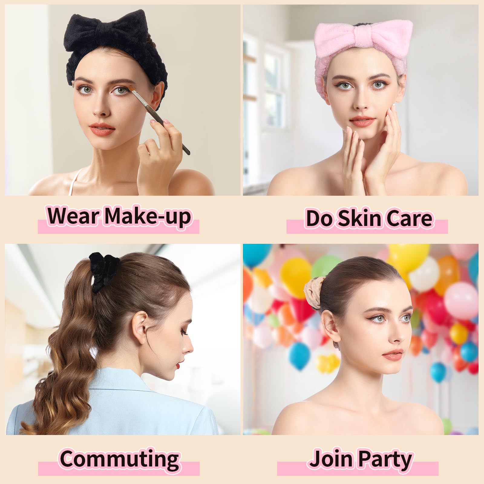 LEOBRO Stirnband zum Waschen des Gesichts, 3 Spa-Stirnbänder und 3 Haargummis, Make-up-Stirnband, Hautpflege-Stirnband für Damen und Mädchen, Gesichtswasch-Stirnband, Schwarz & Rosa & Cremeweiß