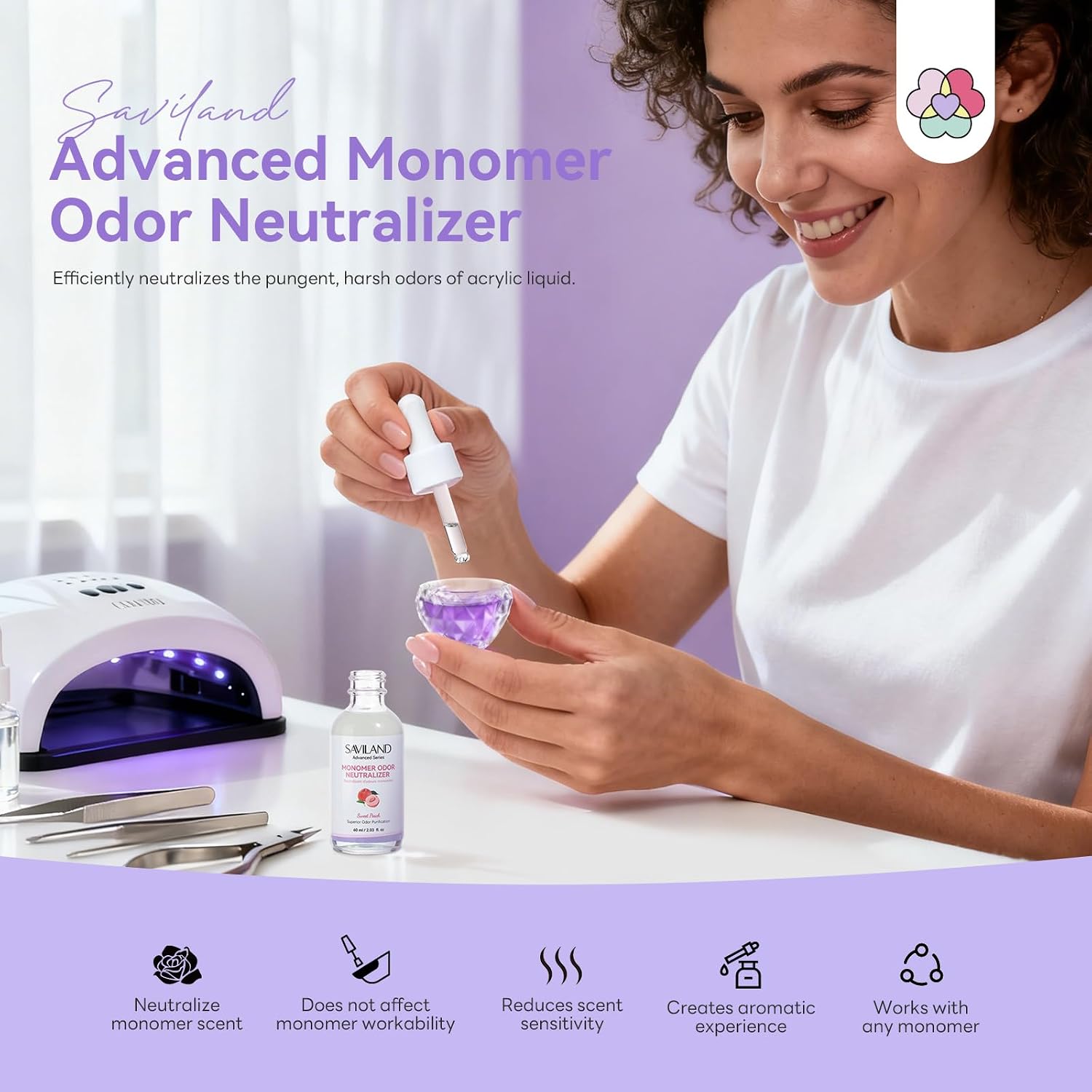 SAVILAND Advanced Monomer Drops Peach Scent: 2.03 fl oz Monomer Odor Neutralizer Long-Lasting Scented Odor Out for Acrylic Nail Liquid with Dropper for Acrylic Nails Salon Use