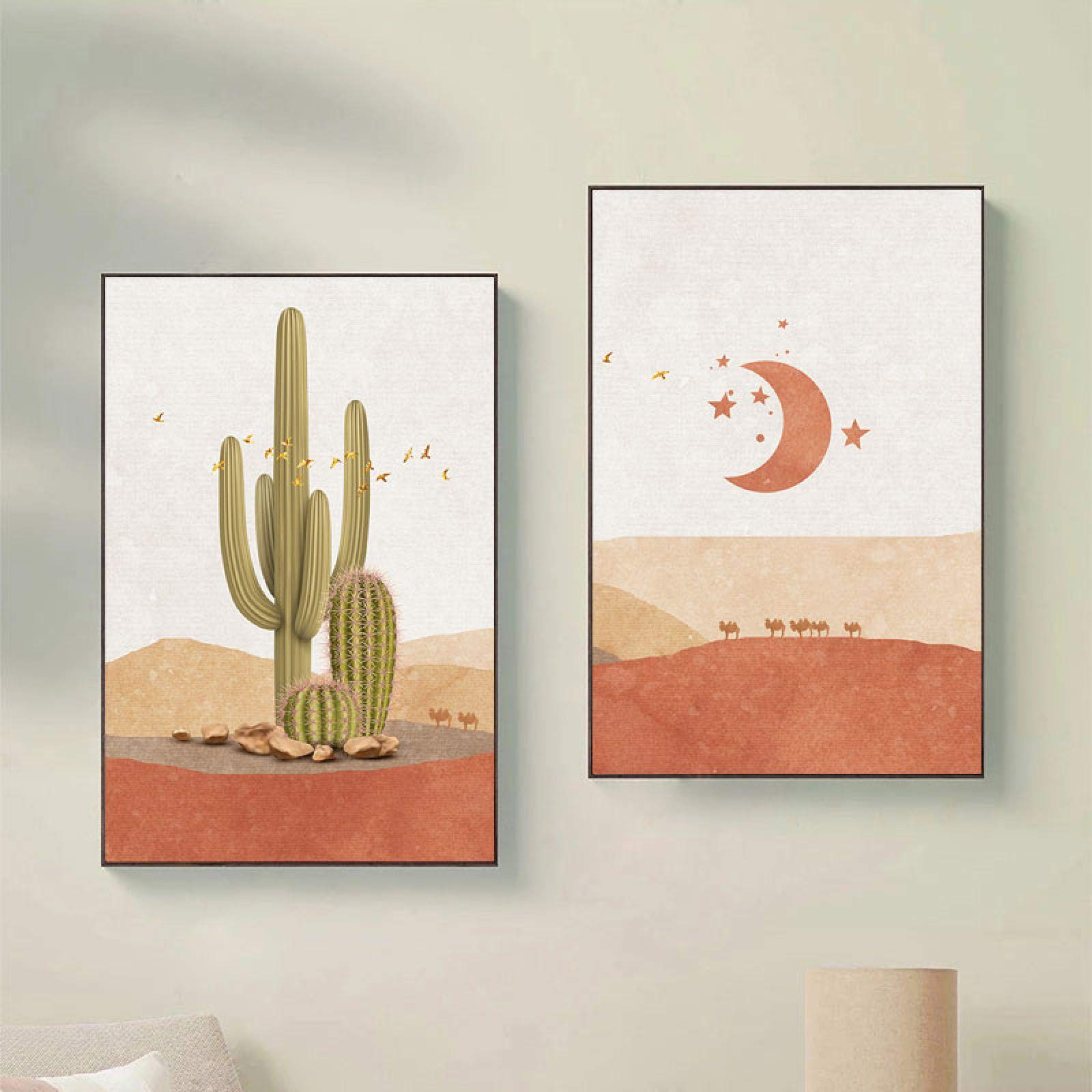 Tongda Decor Abstrait Paysage Soleil et Lune Scène Boho Toile Imprime Cactus Wall Art Nordique Désert Mur Image pour Salon Décoration de Maison 45x60cmx3pcs Cadre intérieur