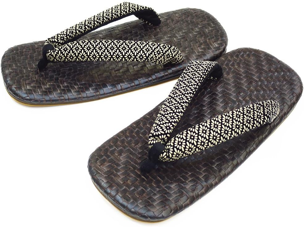 【雪駄】 編みこみ型押（こげ茶）・菊小紋印伝風鼻緒 ライト底 日本製