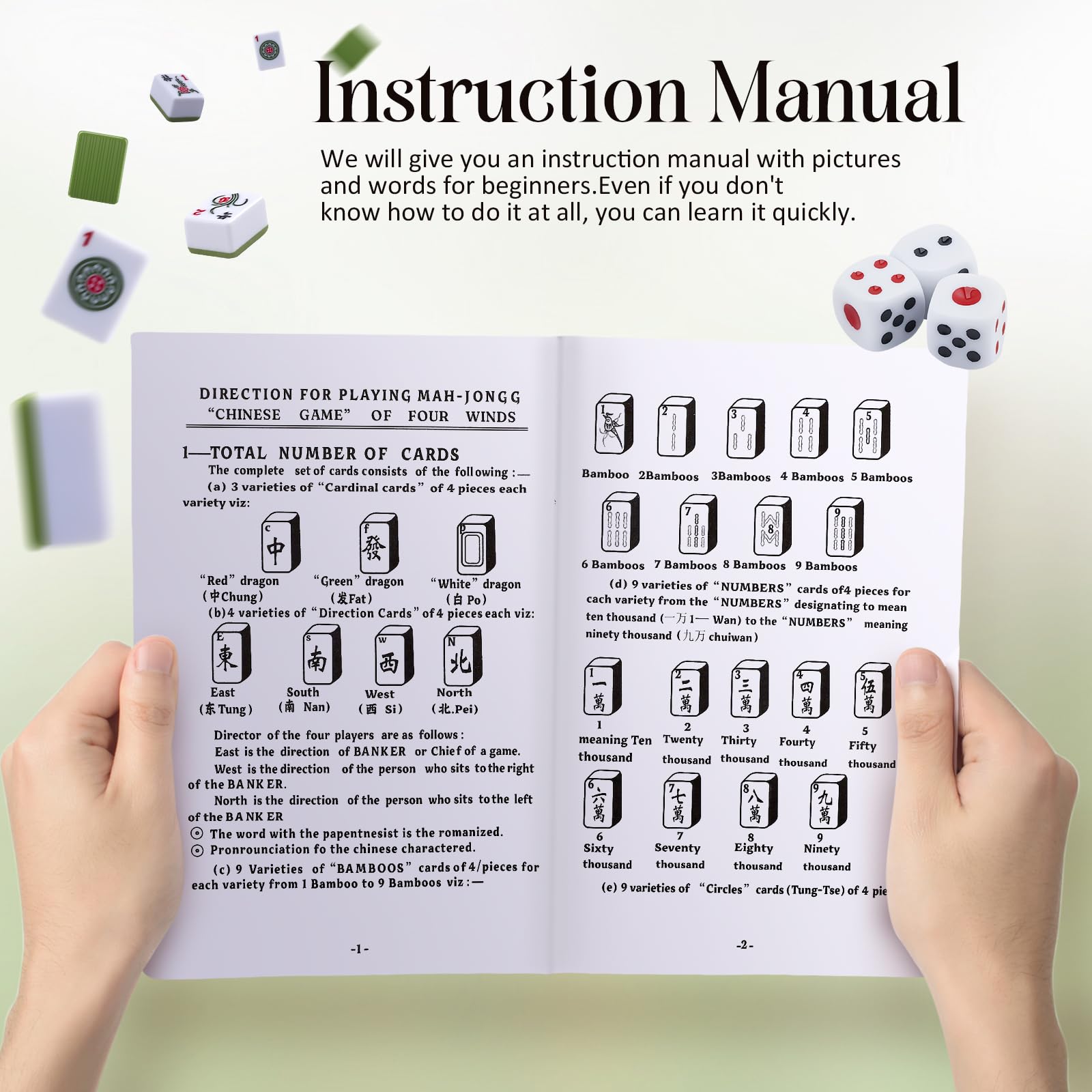 Juego de Mahjong Chino de Gran Formato - Juego Completo con 146 Azulejos de 3,0 x 2,25 cm y Estuche de Viaje - Azulejos Resistente y Fácil de Leer para la Familia, Fiestas y Viajes (Verde)