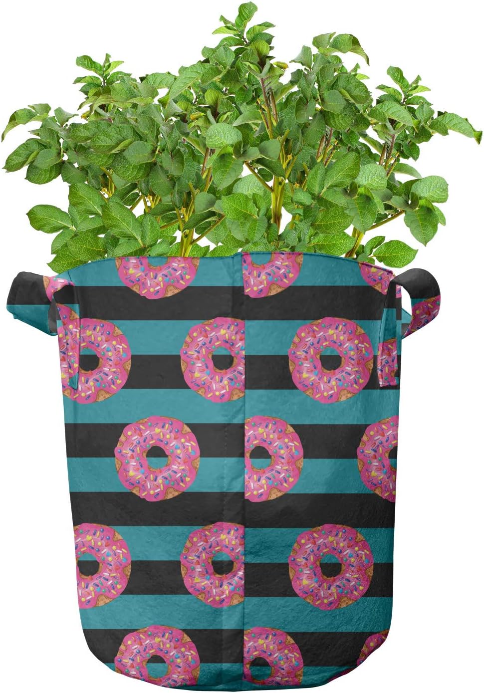Lunarable Donut Grow Bags 5-Pack, Doughnuts on Striped Backdrop, Heavyduty Fabric Pots with Handles for Plants, 7 Gallon, Multicolor