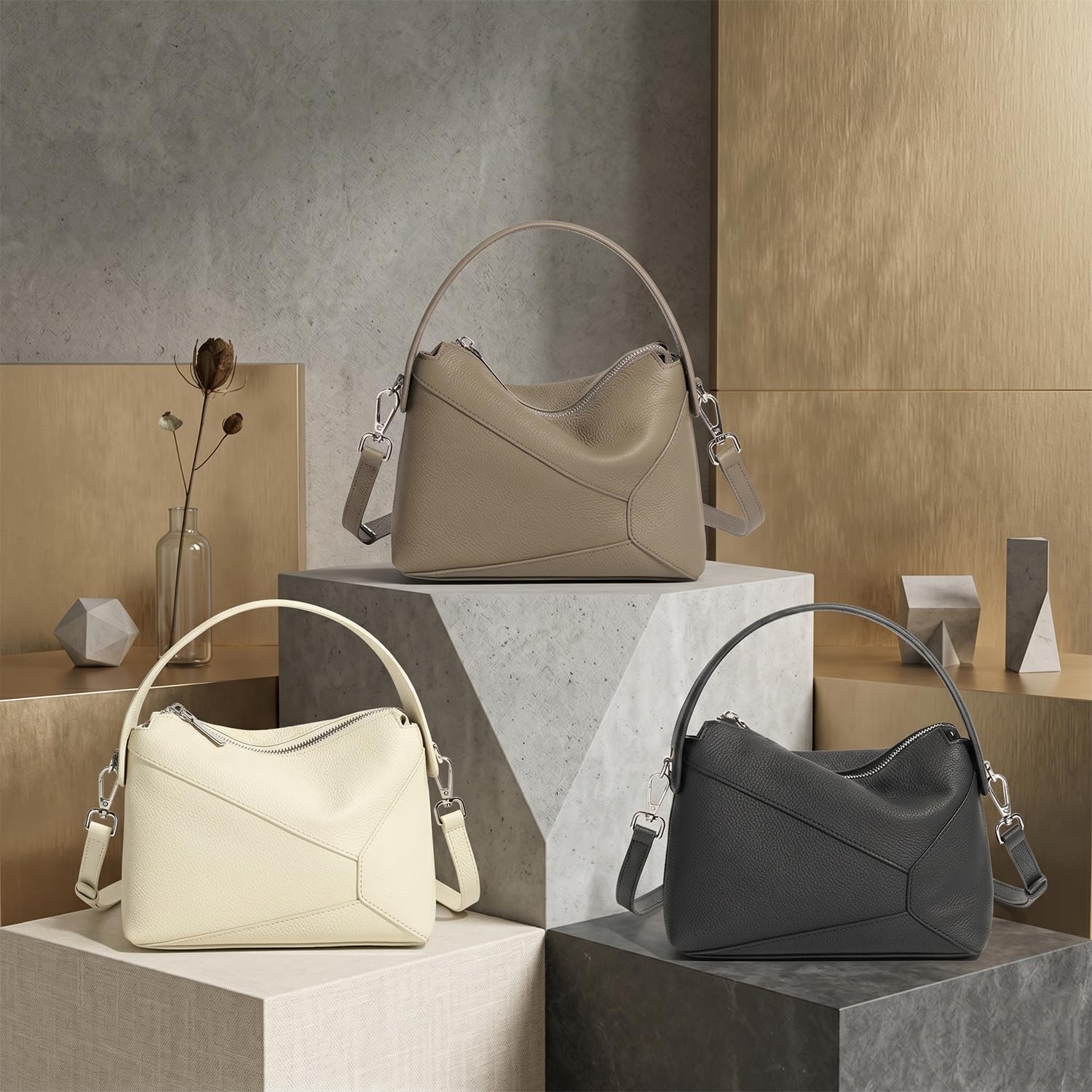 Bolso Boston Mini Mujer de Cuero Flor Genuino, Bolso de Mano Geométrico Diseño Nicho, Elegante Bolso Bandolera y de Hombro Minimalista Caquí