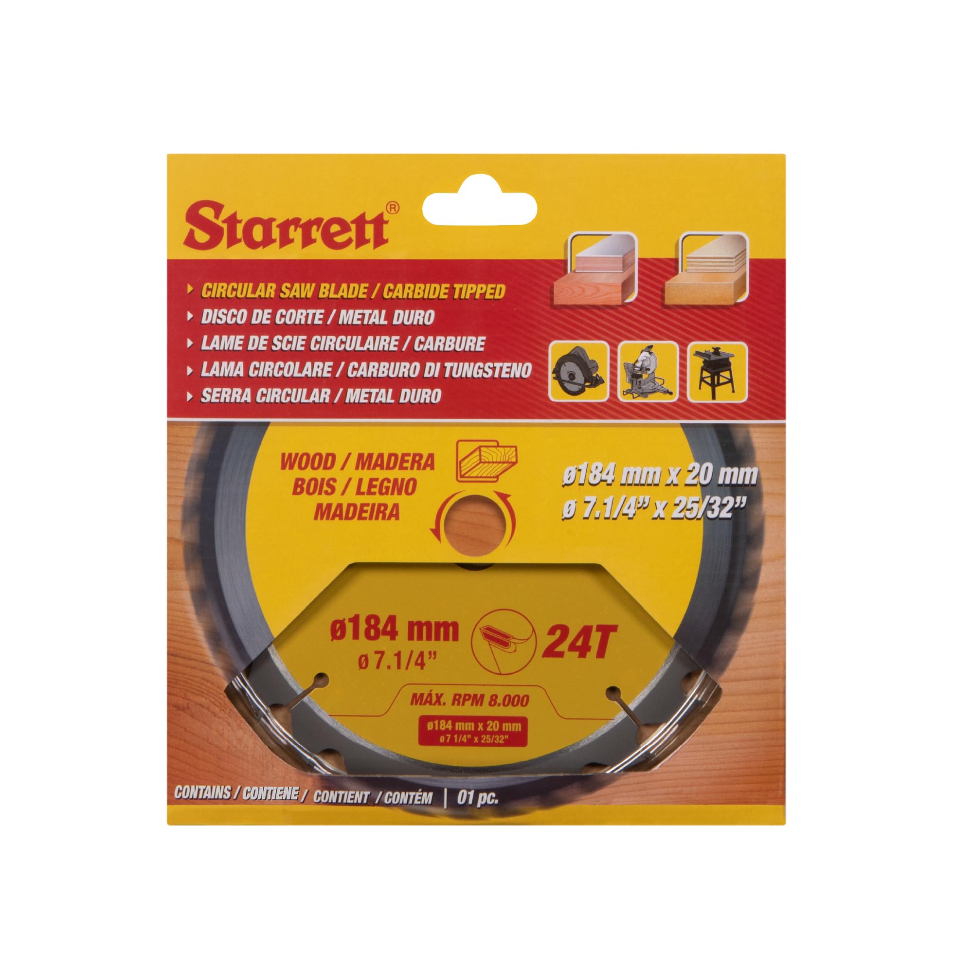 Starrett Lame de scie circulaire TCT 184 mm pour bois, 24 dents, alésage 16/20 mm