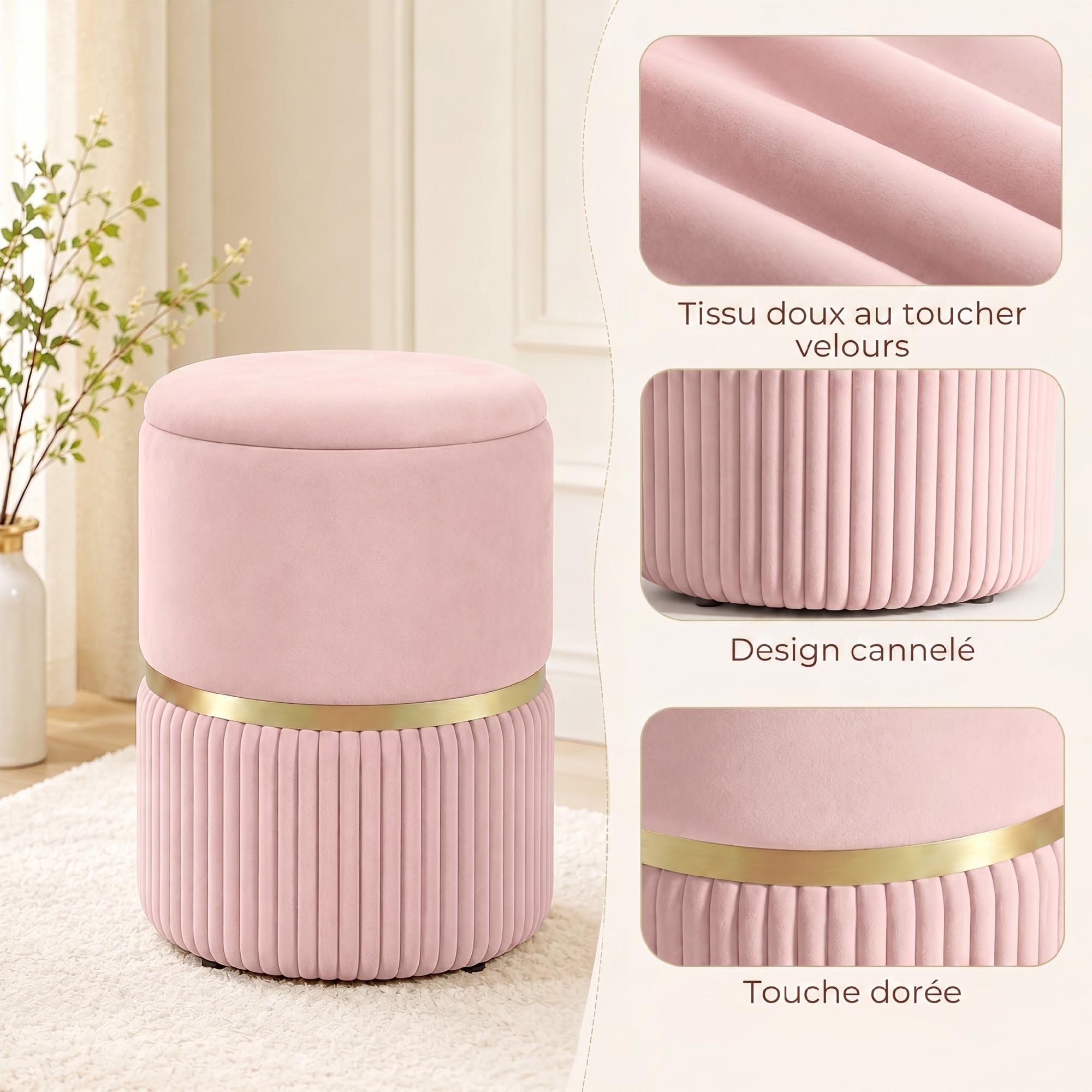 HOMCOM Pouf Taburete Reposapiés Baúl 36x36x44cm Rosa