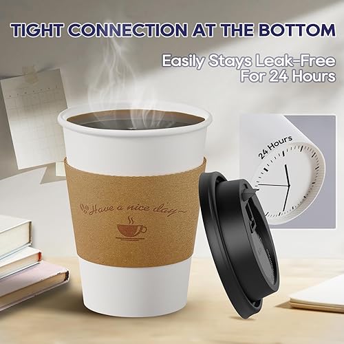 Miniatura 4 de LITOPAK Paquete de 100 tazas de café de 12 onzas con tapas, tazas de café para llevar con tapas y fundas Kraft, taza de café blanca para bebidas