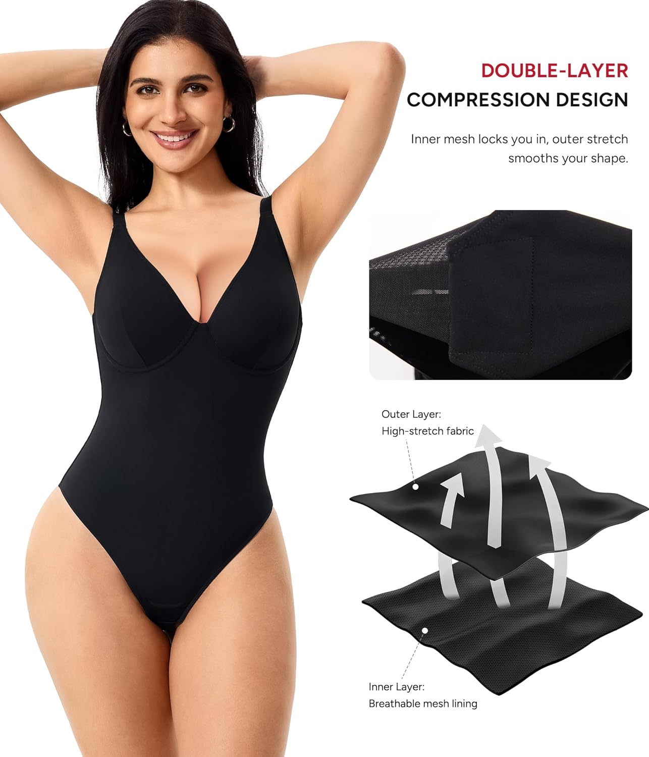 Nebility Shapewear Bodysuits for Women Tummy Control Body Shaper Deep V Neck Thong Body Suits - Image 5