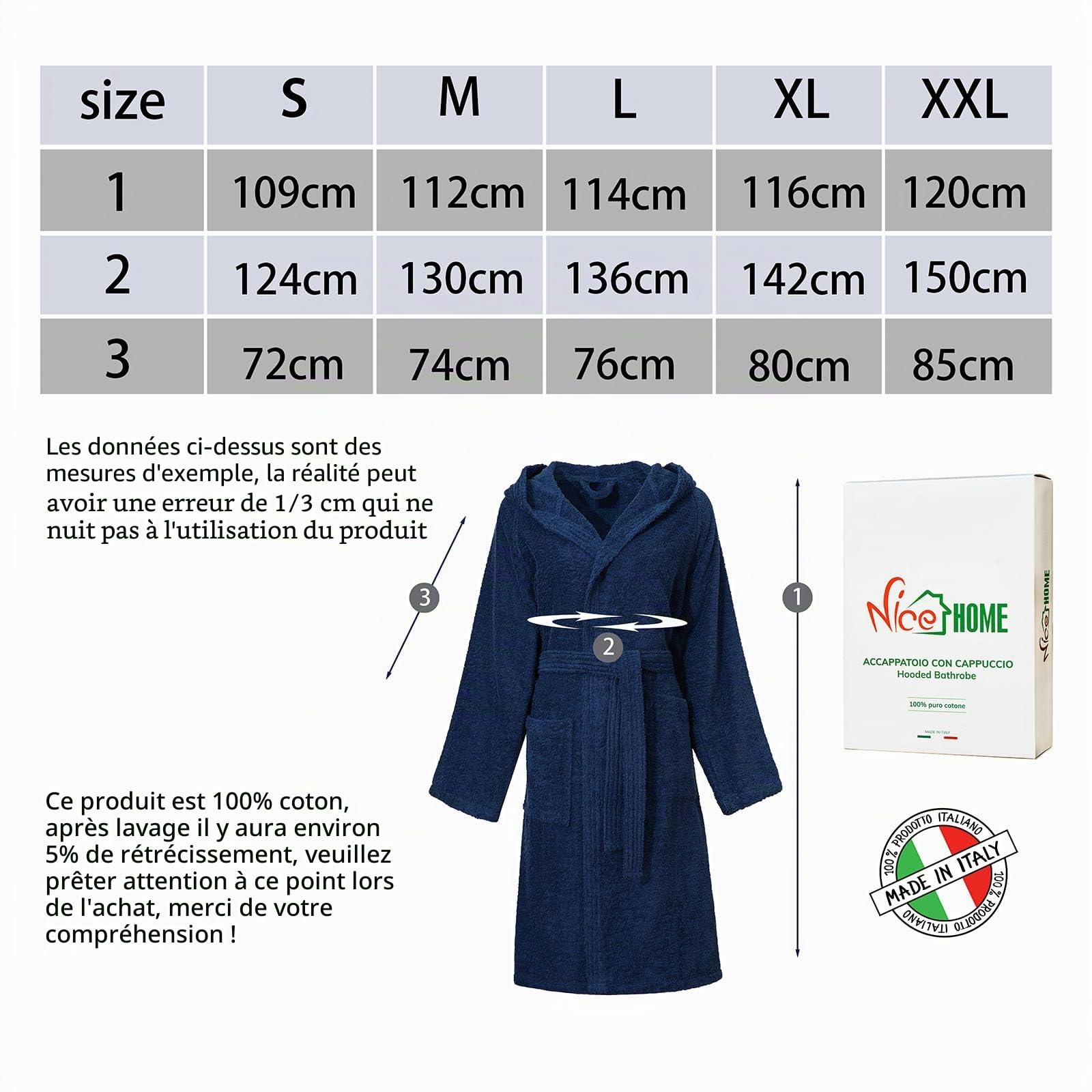 Peignoir unisexe pour femme/homme avec capuche - en éponge de coton 100% OEKO-TEX - doux, absorbant, Design italien
