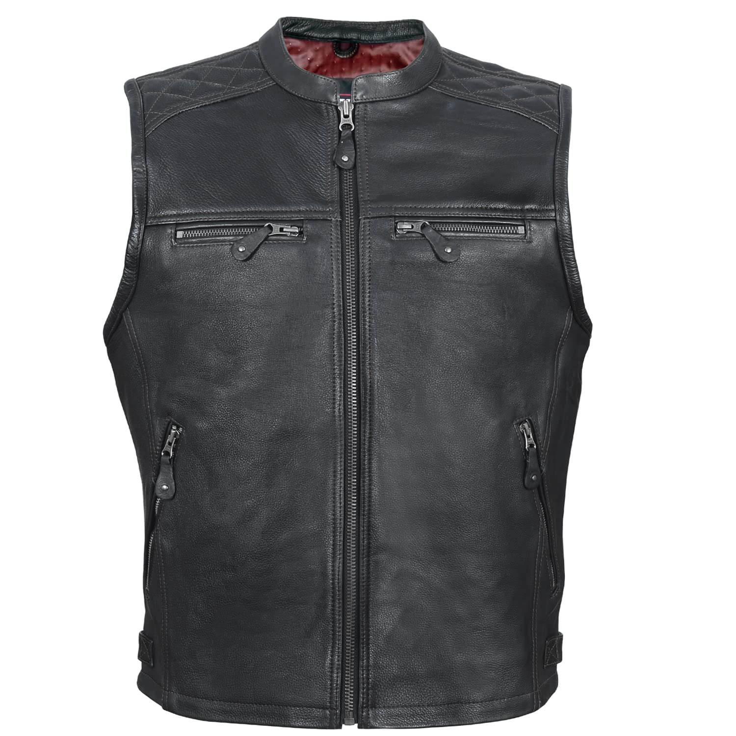 Gilet Moto In Pelle Vera KEROZEN – Stile Biker Vintage, Senza Maniche Con Cinghie Laterali Regolabili