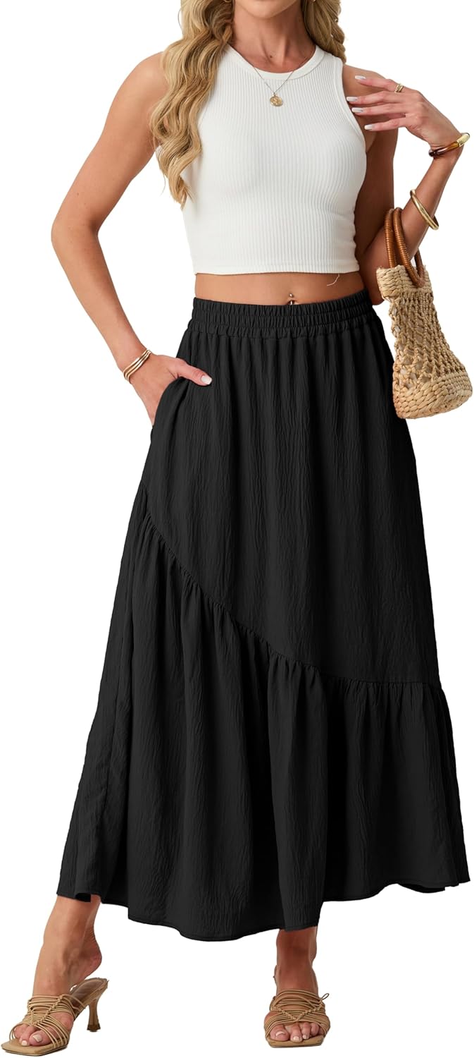 GRECERELLE Women's Boho Maxi Skirt High Waist Pleated A-Line Flowy Swing Asymmetric Tiered Long Skirts with Pockets - Image 5