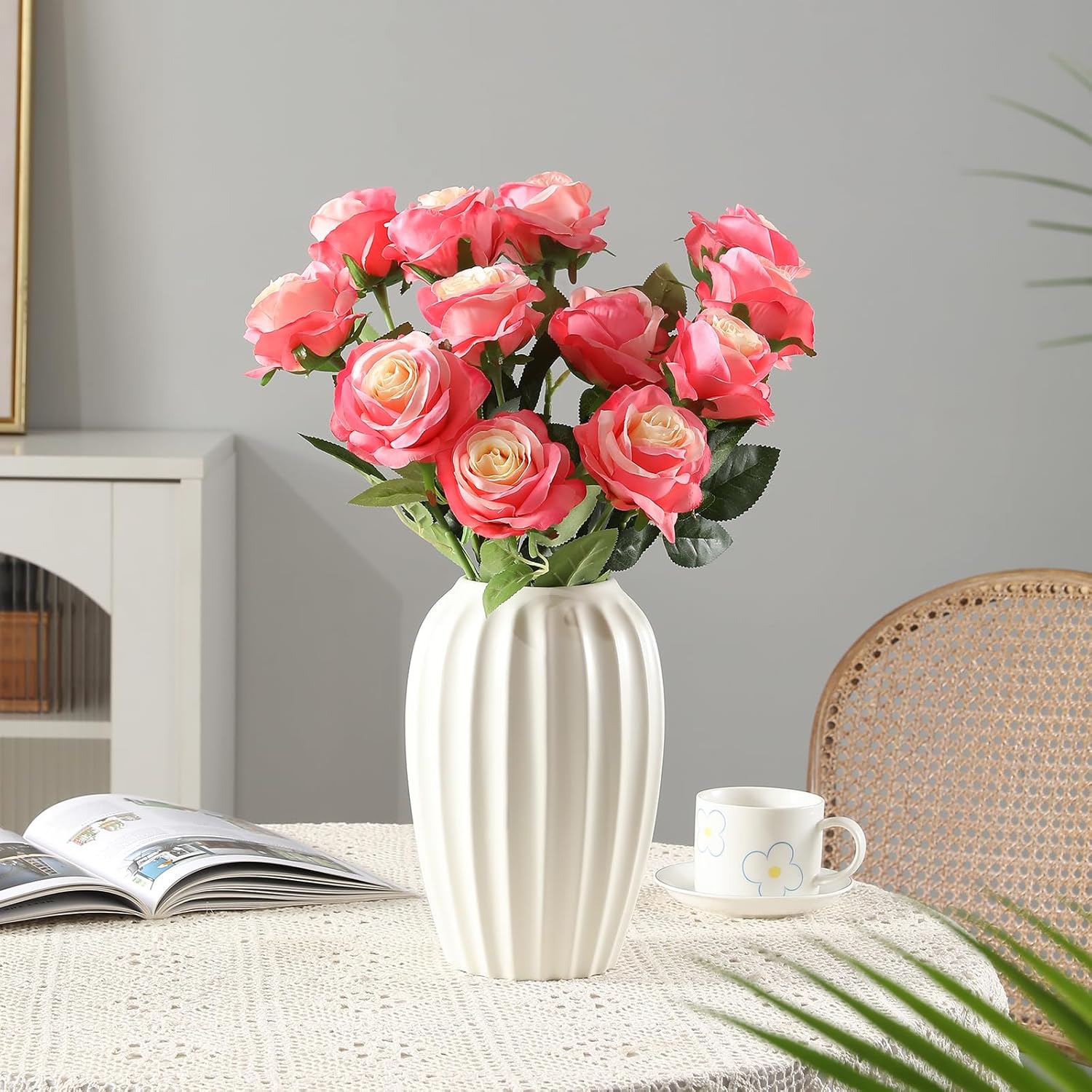 Tifuly Pink Roses Artificial Flowers -12 pcs Realistic Single Long Stem Fake Silk Roses Bouquet for Party Home Wedding Centerpiece Office DIY Decor - Image 3