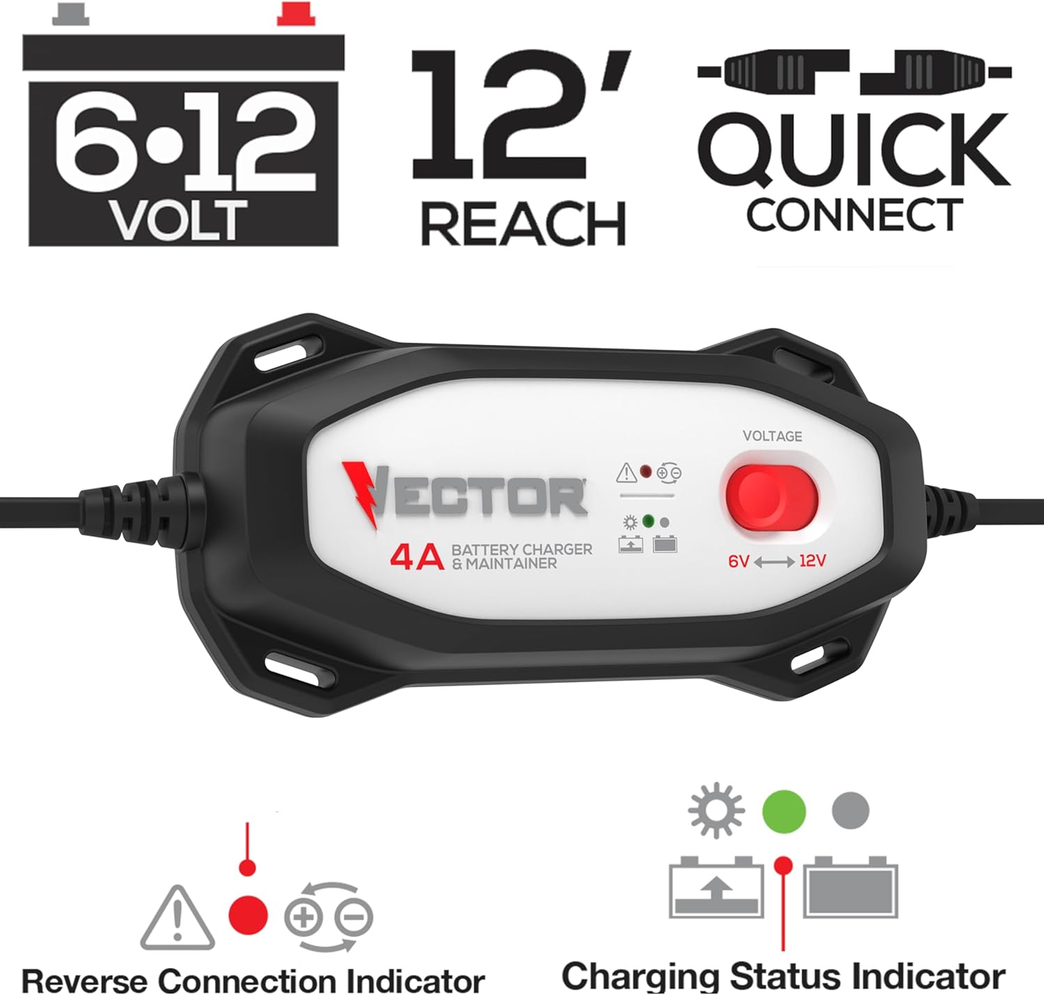 Vector VECBC4 4 Amp Battery Charger/Maintainer with 6V/12V Selector