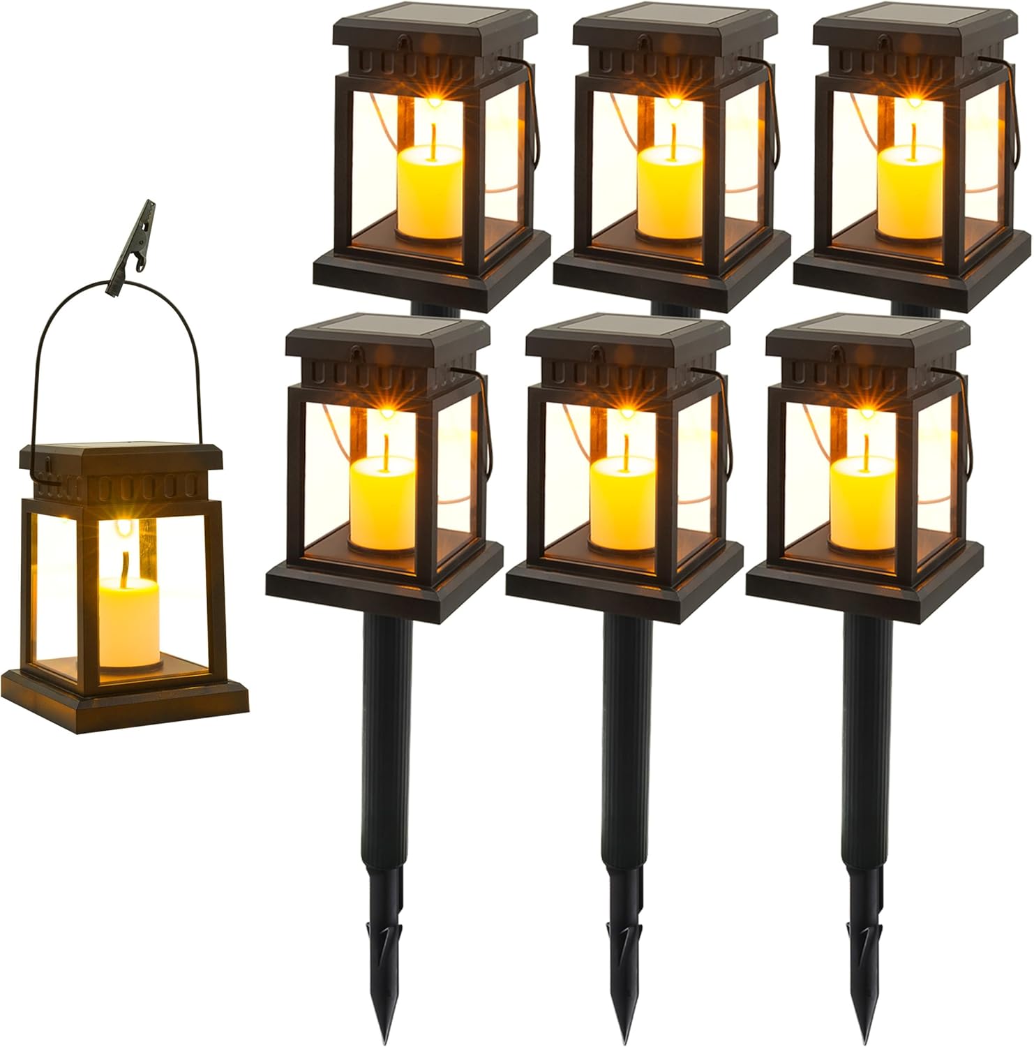 Alpine Corporation 19" Tall Outdoor Solar Powered Hanging or Stake Lanterns, Black (Set of 6)
