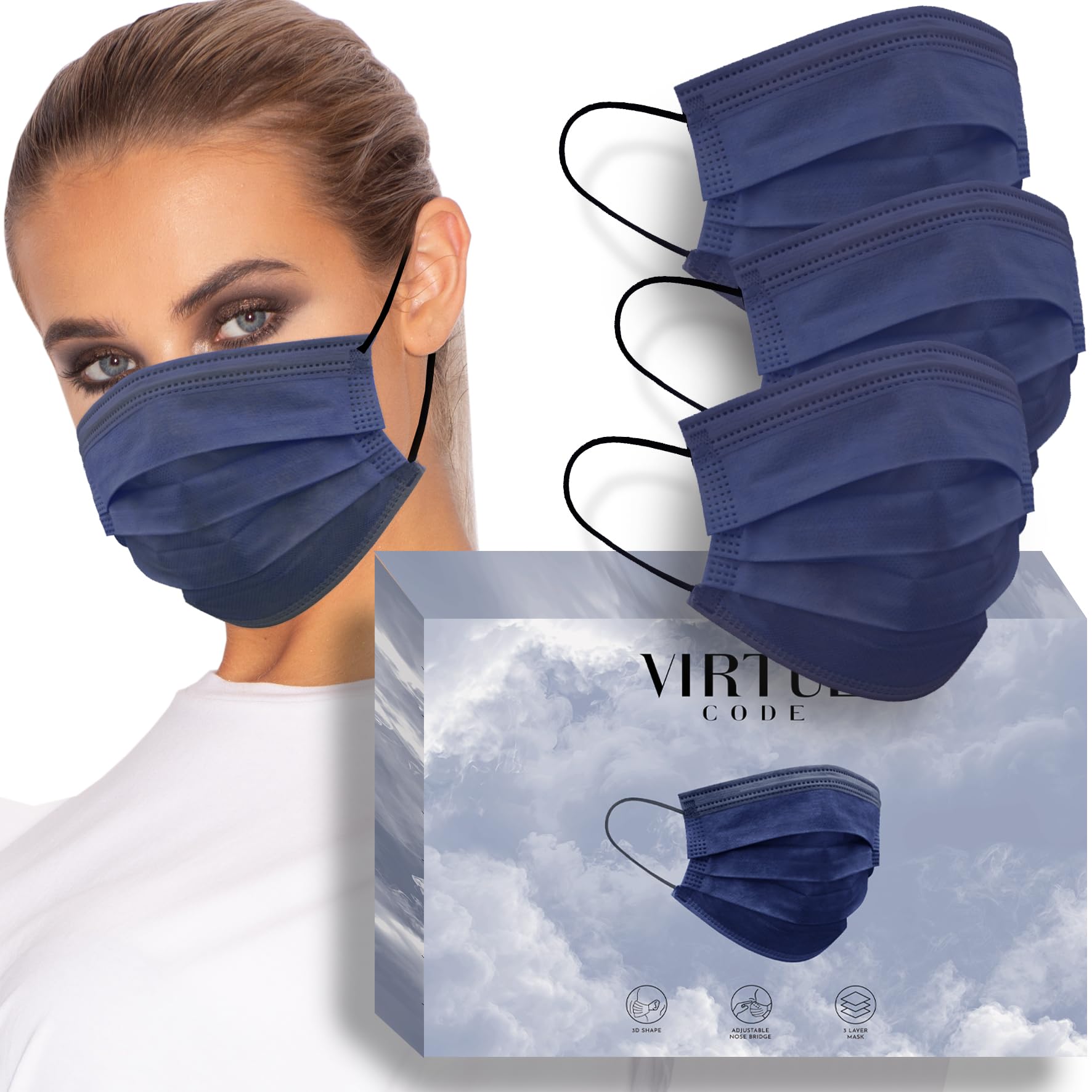 VIRTUE CODE Navy Blue Support Face Masks - Soft 3 Ply Comfort Colorful Disposable Face Mask 50 Pack. Adults Mens and Womens Disposable