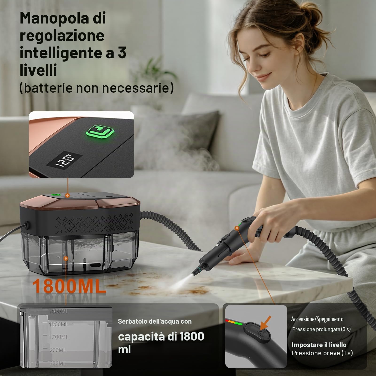 14 in 1 Pulitore a Vapore, 3 Livelli Maniglia Regolabile, Display Temperatura, 15s in Riscaldamento,1,8L Serbatoio, per Cucina, Bagno, Auto e Mobili (Nero e Oro)