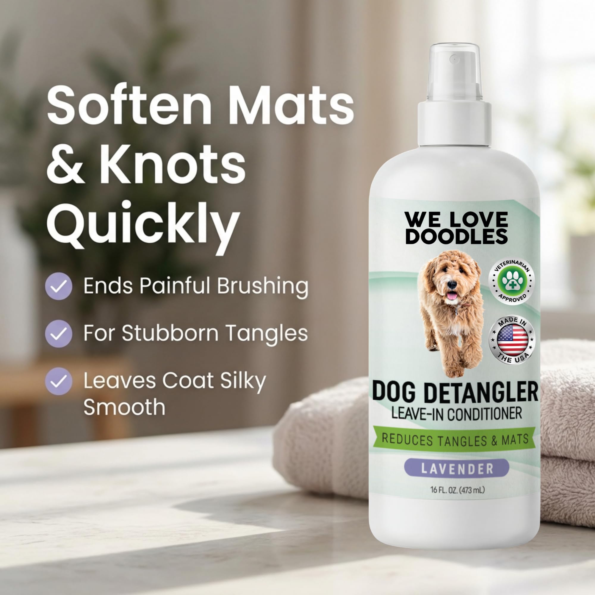 We Love Doodles Cepillo grande para perros y spray desenredante de lavanda, cepillo para perros de pelo largo, Goldendoodles y garabatos, removedor de enredos, spray desenredante y acondicionador para
