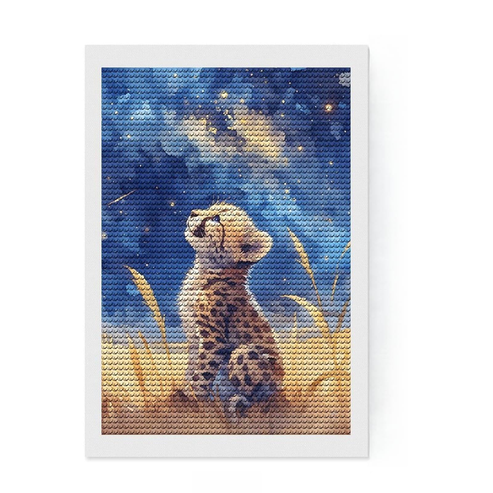 Junmoney Watercolor Cheetah Cub Gazing at Stars Diamond Art Kit 8"x12", for Teens, Enjoyable At-Home Hobby, Modern Decor, Birthday Gift, Easy to Enjoy