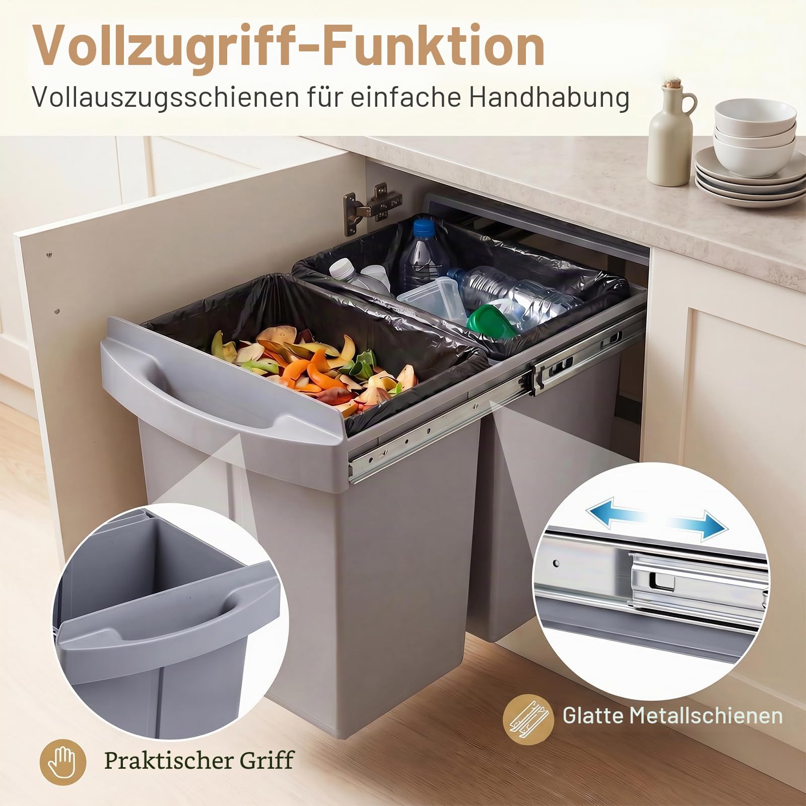 LIFEZEAL Abfallsammler 20L+20L, Ausziehbarer Einbaumülleimer für Unterschrank, Mülltrennsystem Küche mit 2 herausnehmbaren Fächern, Abfalleimer Mülleimer für Schränke, 50,5 x 33,5 x 41 cm, Grau