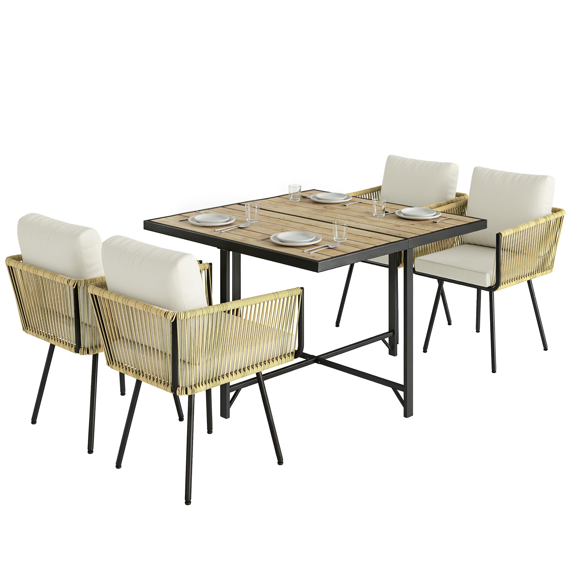 Outsunny Set Tavolo e Sedie da Giardino in Rattan 5 Pezzi, Pranzo Esterno con Tavolo Effetto Legno, Cuscini Lavabili, Salvaspazio