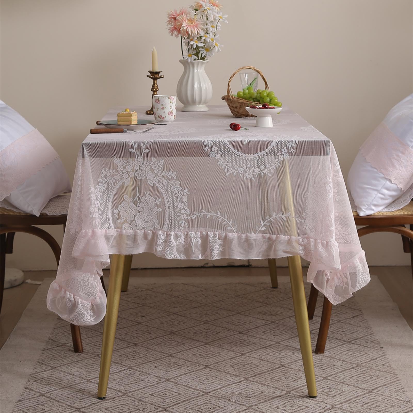 Nappe rustique en dentelle rose 140x140 cm pour décoration de table