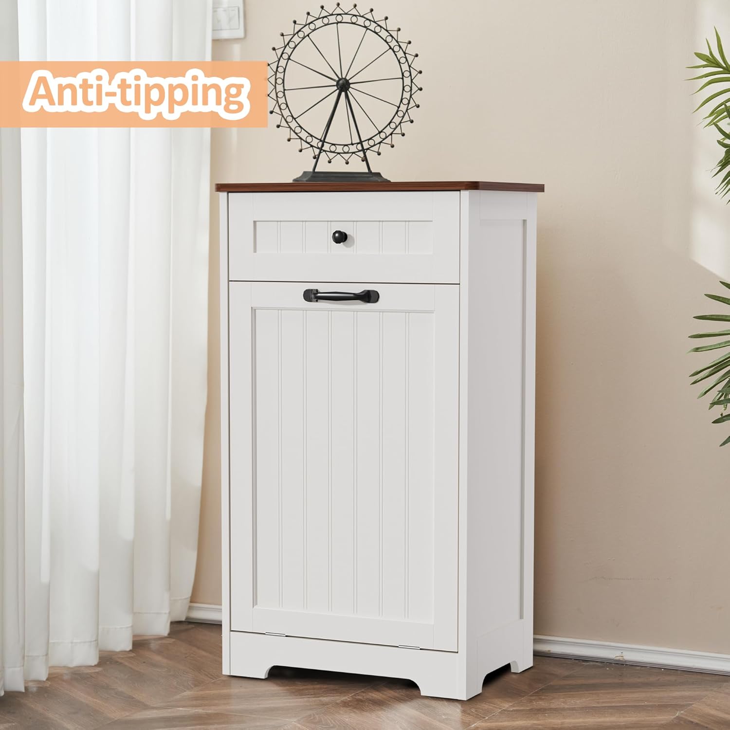 AHB 10 Gallons Tilt Out Trash Cabinet, Hidden Trash Can Kitchen Wooden Tilt Out Pet Proof Hidden Trash Bin for Kitchen Living Room,White