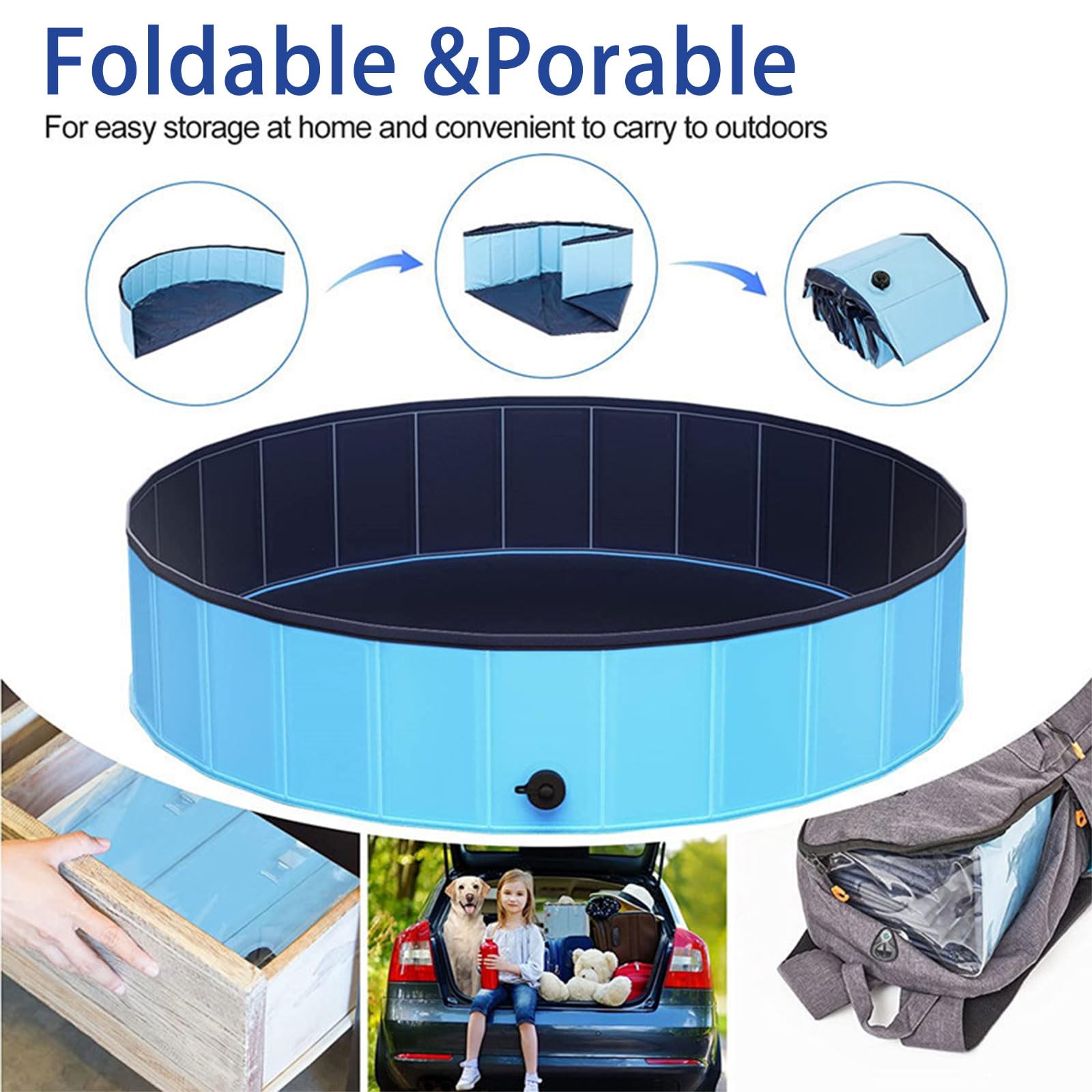 Piscina para perros, grande, 80 x 30 cm, plegable, antideslizante, portátil, de PVC, azul
