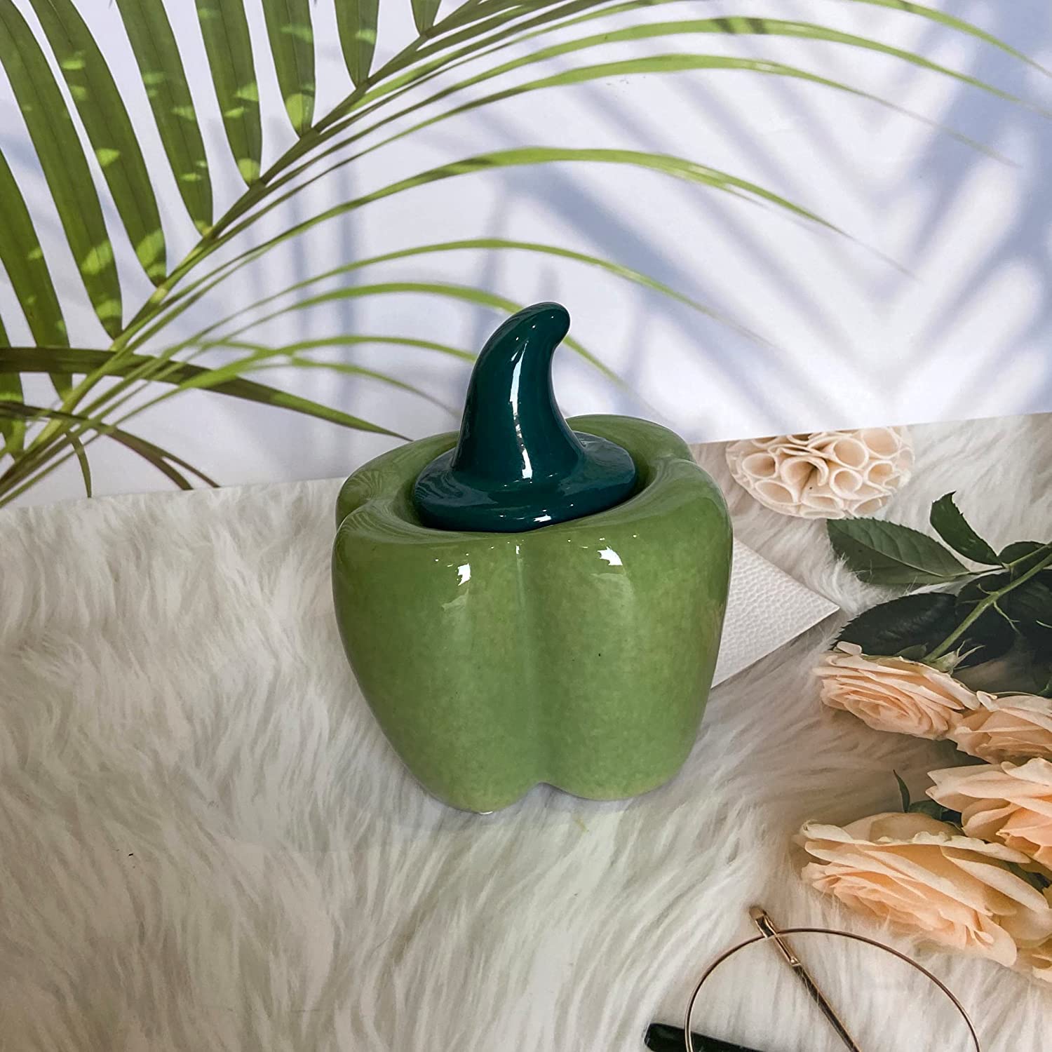 Ceramic Handcrafted Multi Utility Storage airtight Capsicum Shaped Jar with Lid | Ceramic Kitchen Canister | Cookie Jar | Pickle Storage Jar | Burni (Pack of 1) (white) (Green)