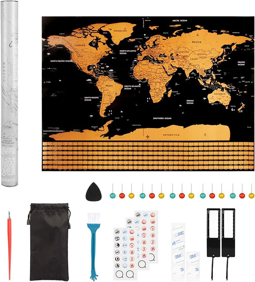 Pulchram Scratch Off Map World Poster, Detailed Map of the World with all countries, Large Scratch Map 82 * 59 CM with 27 Pieces of accessiories