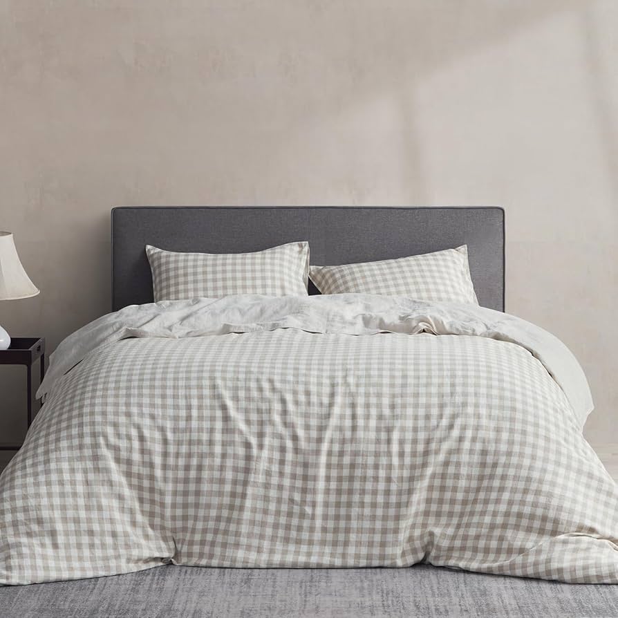 DAPU Linen Duvet Cover King, Gingham Check Plaid 100% Washed Linen Bedding with Zipper Closure, 3 PCs Hypoallergenic Soft Duvet Cover Set, Geometric Checkered Pattern in Beige & White, King Size