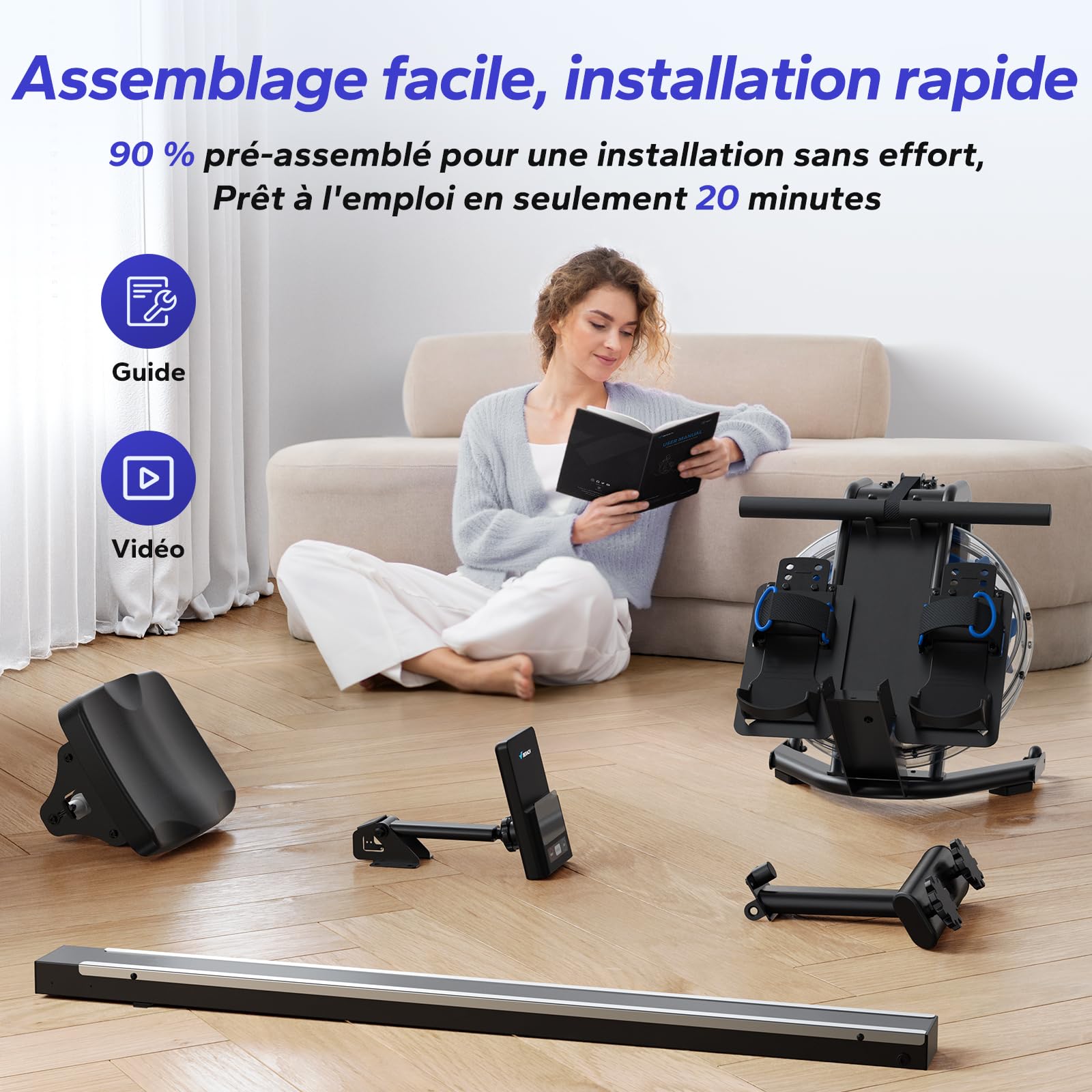MERACH Rameur d'eau pour la maison, avec résistance à l'eau de 15 l, connectivité Bluetooth et application, support iPad, siège ergonomique, rangement vertical peu encombrant