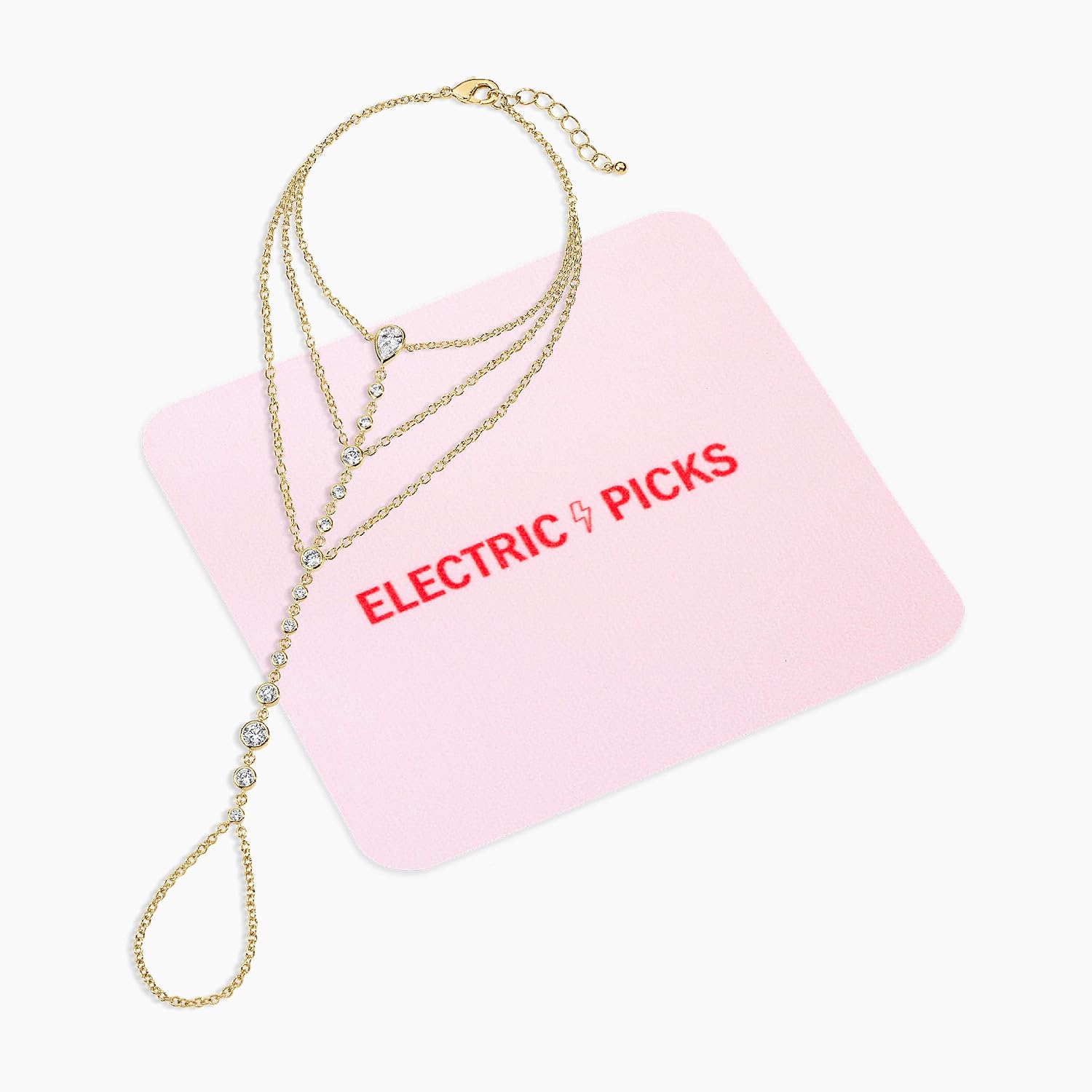 Electric Picks Bowie Hand Chain for Women, 14k Gold Plated Crystal Hand Jewelry, Dainty Finger Loop Chain Bracelet, Adjustable Layering Statement Accessory