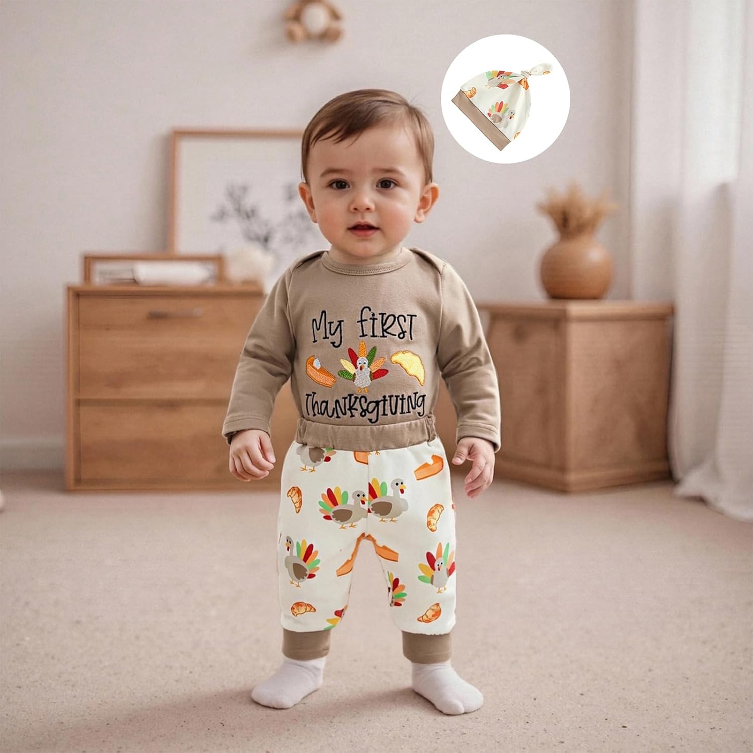 My First Thanksgiving Baby Boy Outfit Newborn Turkey Embroidery Long Sleeve Romper Pants Hat 3Pcs Fall Clothes Set - Image 2