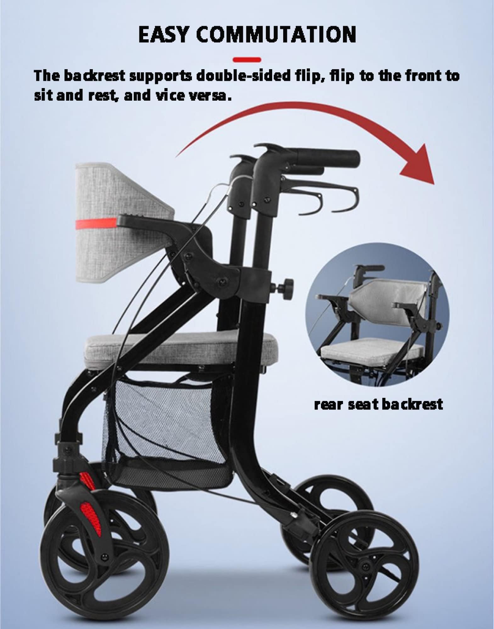 Andador plegable 2 en 1 para personas mayores, andador de silla de ruedas de transporte con respaldo suave y reposapiés desmontables, andador de 4 ruedas y soporte de 220 libras