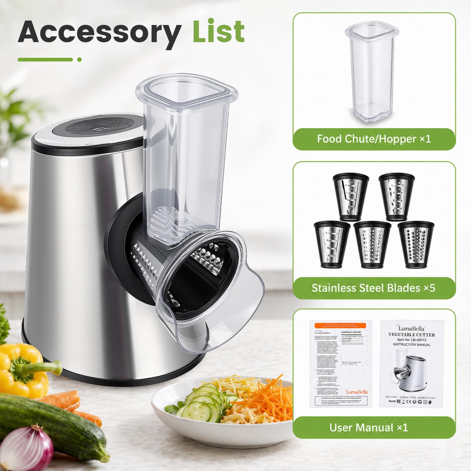Rallador Eléctrico Profesional 5 en 1, 800 W con 5 Conos en Acero Inoxidable, Cortador y Picadora Multifunción con Apertura Grande de 9 cm para Frutas, Verduras, Queso, Nueces, Zanahorias, Gris