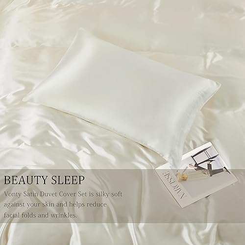Miniatura 3 de Vonty Juego de funda de edredón de satén sedoso de 3 piezas, funda de edredón tamaño matrimonialqueen, juego de funda de edredón orgánica natural de
