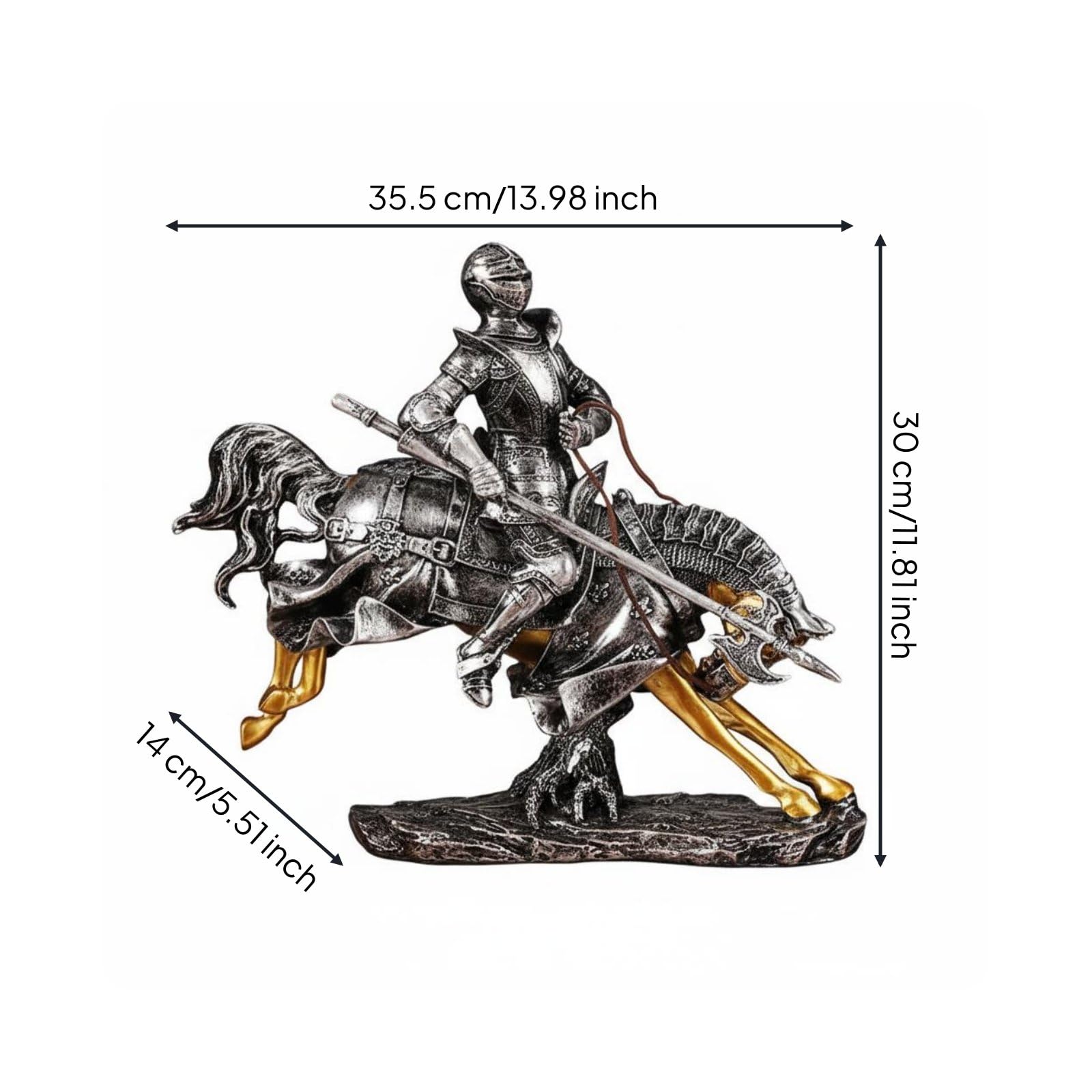 Ritterfigur Reitende Skulptur aus Harz Edle Ritter Dekofigur mit Antikem Touch Und Filigranen Details für Bücherbord Arbeitszimmer Geschenk, 28-13-48cm Neu