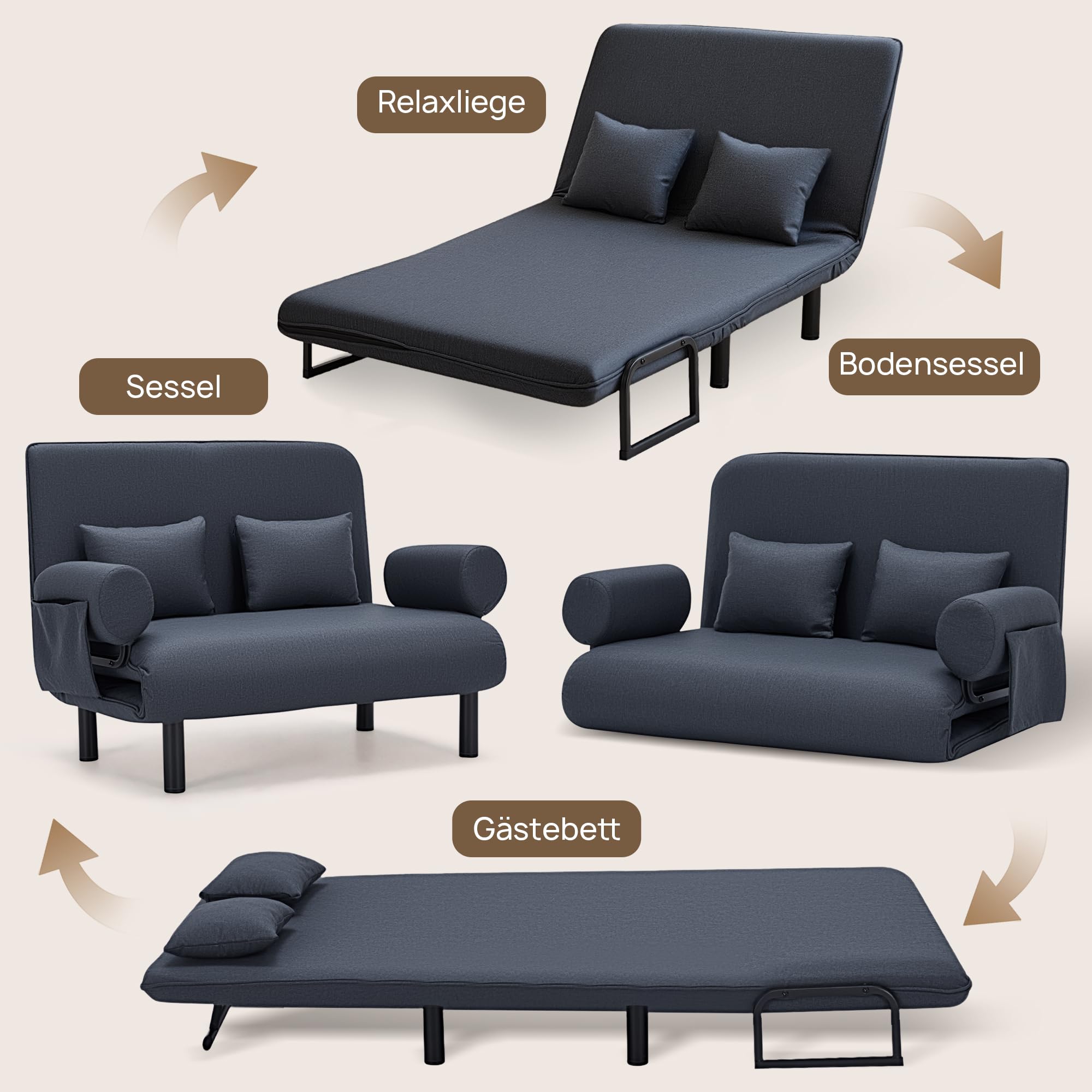 YINIX Schlafsofa 2-Sitzer mit Bettfunktion und Seitentasche, Dunkelgrau
