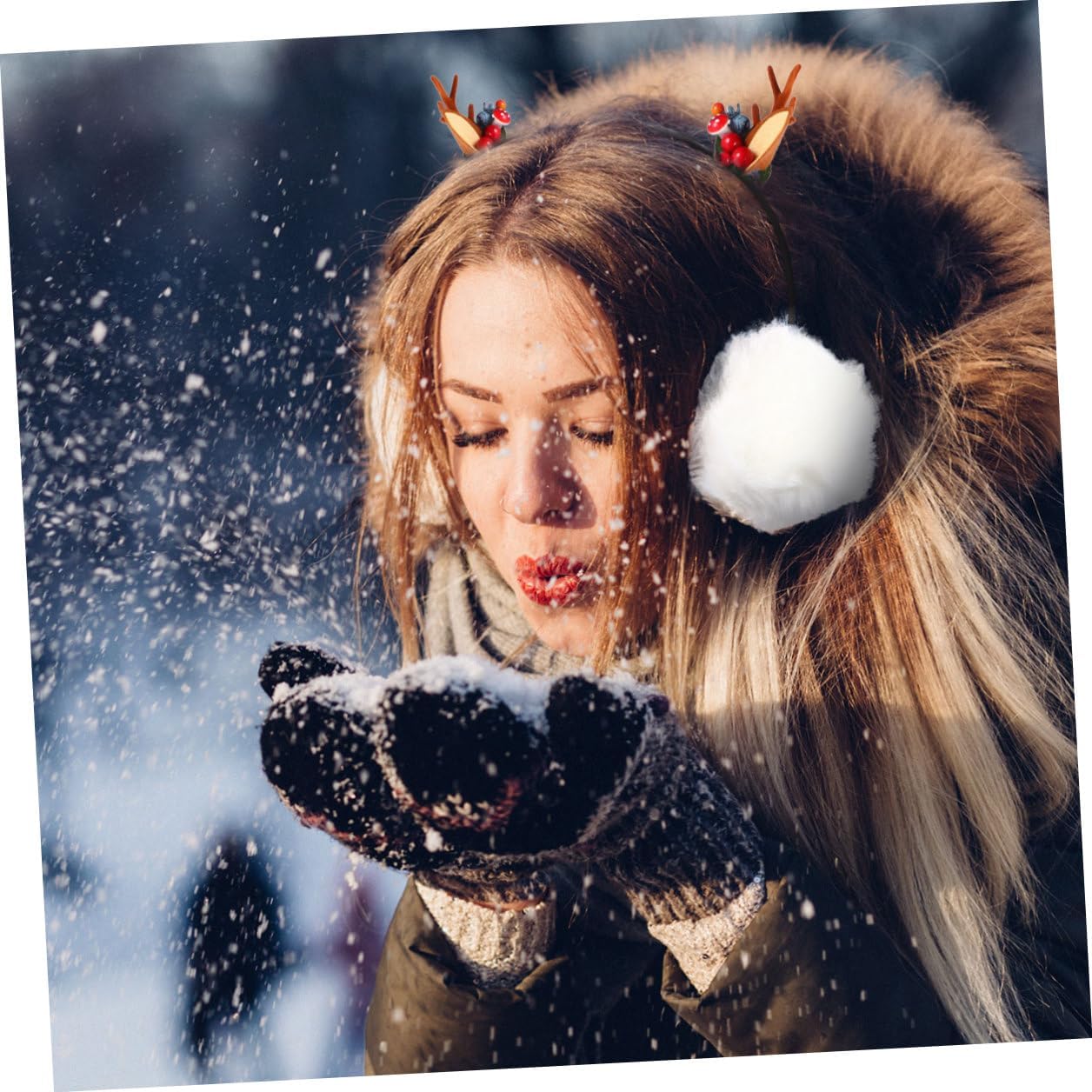 Reindeer Antlers Headband Earmuffs Cat Ear Design, Soft Warm Winter Ear Muffs for Women, Cozy Outdoor Cold Weather Accessories