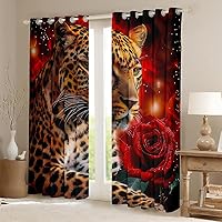 Vista 2 de Cortinas de oscurecimiento con estampado de leopardo y rosas, cortinas románticas con estampado de flores rojas para ventana, cortina 3D de animales