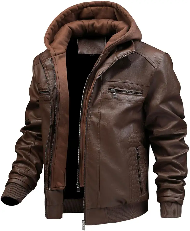 FTIMILD Jaqueta masculina de couro com capuz removível à prova d'água, jaqueta bomber com vários bolsos