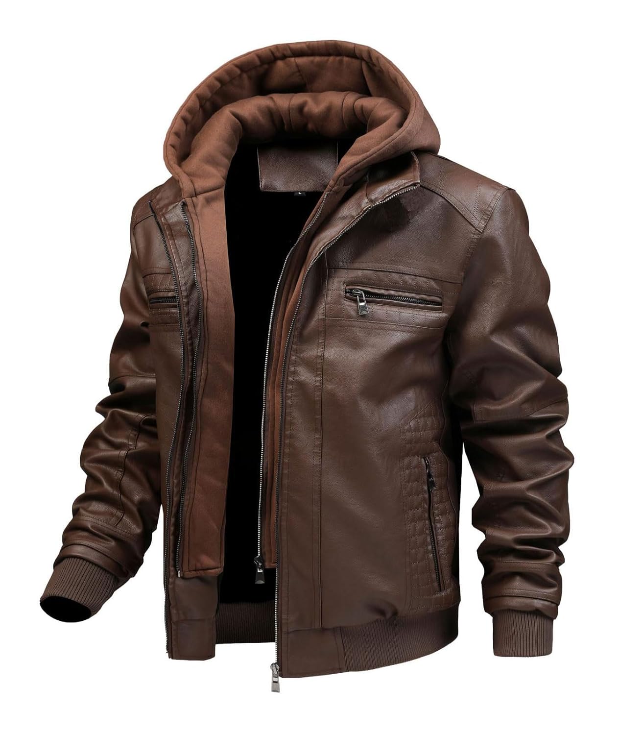 FTIMILD Jaqueta masculina de couro com capuz removível à prova d’água, jaqueta bomber com vários bolsos