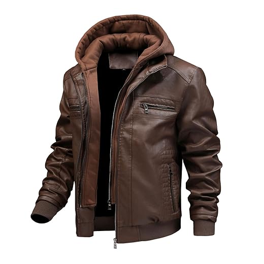 FTIMILD Jaqueta masculina de couro com capuz removível à prova d'água, jaqueta bomber com vários bolsos