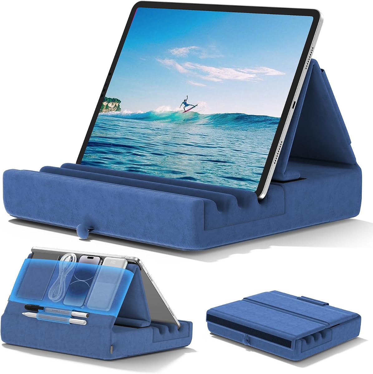 Tablet Pillow Holder, Foldable iPad Stand for Lap, Bed and Desk -Tablet Soft Pad Dock with Pocket & Stylus Mount Compatible with iPad Pro 12.9, 10.5, 9.7 Air Mini 6 5 4 3, Galaxy Tab,E-Reader