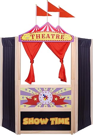 Puppet Theater,Large Size 44 Inch X 45 Inch,Wooden Puppet Theater,Double Doors with Curtains,Blackboard and Clocks,12 Piece Colorful Chalks Included
